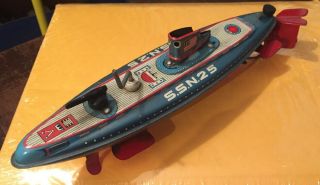 1950? San Marusan Ssn 25 Submarine Boat Vintage Mechanical Tin Toy Wind Up Japan