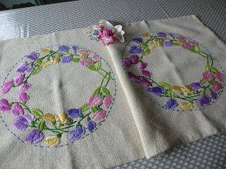 Vintage Hand Embroidered Cushion Covers/pair/lovely Sweet Peas/raised Embroidery