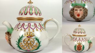Rare Antique Hand Painted Face Crown Meissen Porcelain Teapot Individual Mini Ar