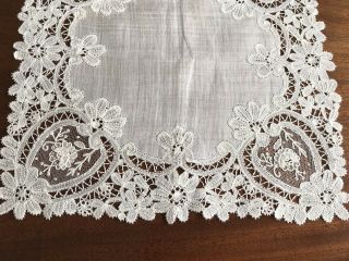 Antique Cream Lawn Lace Wedding Handkerchief 11x11 Inches