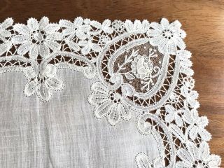 Antique Cream Lawn Lace Wedding Handkerchief 11x11 Inches 3