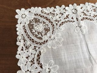 Antique Cream Lawn Lace Wedding Handkerchief 11x11 Inches 4