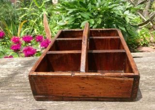 VINTAGE HAND CRAFTED WOODEN CARRIER WOOD TOTE 6 DIVIDERS CUBBY STORAGE BOX 2