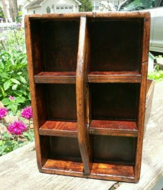 VINTAGE HAND CRAFTED WOODEN CARRIER WOOD TOTE 6 DIVIDERS CUBBY STORAGE BOX 7