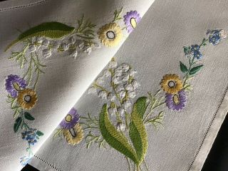 Vintage Linen Hand Embroidered Tray Cloth Lily Of The Valley/florals