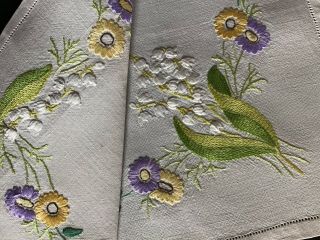 VINTAGE LINEN HAND EMBROIDERED TRAY CLOTH LILY OF THE VALLEY/FLORALS 5
