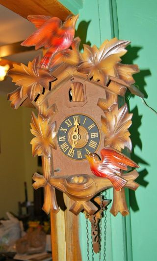 Colorful Vintage Germany Cuckoo Clock With Moving Birds -