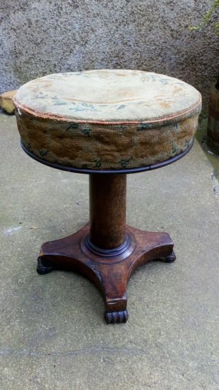 Antique William Iv Revolving Piano Stool With Unusual Giraffe Tapestry Seat.
