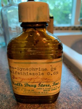 Nulls Drug Store Benton Harbor Michigan Rippled Bottle White Cap Vintage Rare