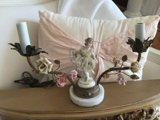 Shabby Antique Vtg Porcelain Flower Lamp Roses Figural French Tole