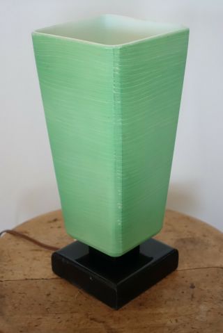 Atomic Mid Century Modern Glass Pyrex Sgraffito Sea Foam Green Table Lamp 1950s