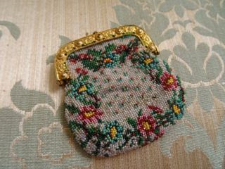 A Charming 19th Century Glass Beaded & Gilt Floral Purse C.  1880