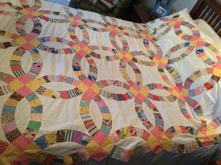 Antique Wedding Ring Quilt Top 84”x72” Handpieced 30s - 40s Fabrics 3