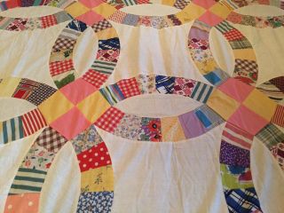 Antique Wedding Ring Quilt Top 84”x72” Handpieced 30s - 40s Fabrics 8