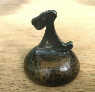 Arts And Crafts Era Paperweight With Hammered Copper Base And Sitting Dog