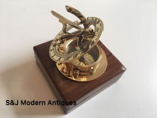 Brass Sundial Compass Vintage Nautical Retro Steampunk Wooden Teak Box 3 " Inch