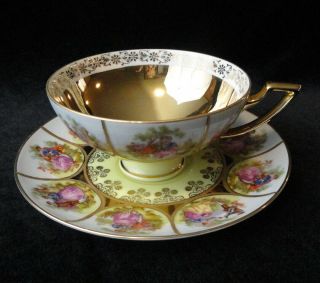 Vintage Hand Painted Fragonard Love Story West Germany Gold Tea Cup & Saucer