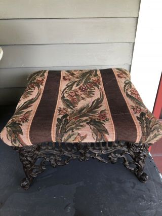 Vintage Victorian Foot Stool Wood Cast Iron/ W Padded Tapestry Cushion