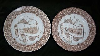 2 Antiq Copeland Spode Brown Aesthetic Transferware Plates