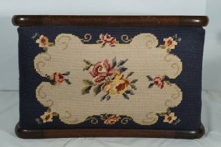 Antique/vtg Floral Needlepoint Solid Wood Foot Stool Ottoman