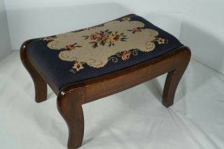 Antique/Vtg Floral Needlepoint Solid Wood Foot Stool Ottoman 2
