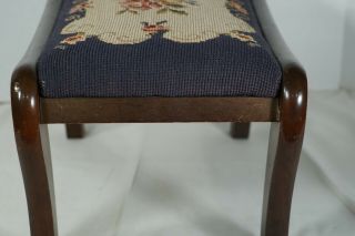 Antique/Vtg Floral Needlepoint Solid Wood Foot Stool Ottoman 4