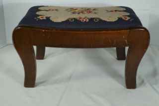 Antique/Vtg Floral Needlepoint Solid Wood Foot Stool Ottoman 5