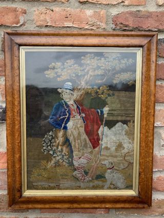 Antique 19th Century Wool Work Embroidery Hand Woven Tapestry Pastoral Man Dog