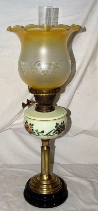 Victorian Oil Lamp,  Brass Corinthian Column Design,  Elegant Shade C1895.