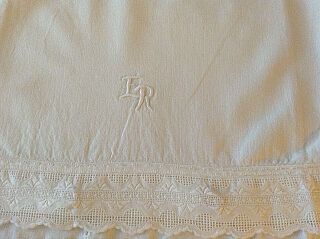 Antique/vintage French Pillow Shams Pair Lovely Linen & Lace Hand Sewn Mono Er