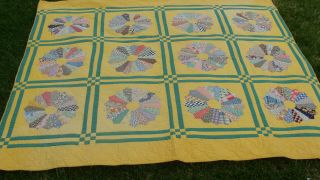 Antique Dresden Plate All Hand Quilted Applique Quilt 81 " X 72 "