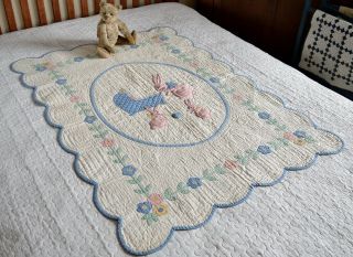 Antique Hand Stitched Appliqued Crib Quilt With Border