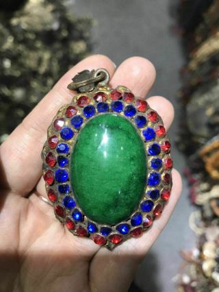 Old Tibetan Bronze Gild Gilt Inlay Gem Natural Green Jade Buddha Amulet Pendant