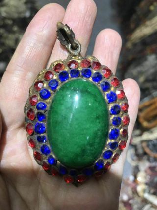 Old Tibetan Bronze Gild Gilt inlay Gem Natural Green Jade Buddha amulet Pendant 3