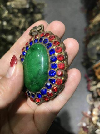 Old Tibetan Bronze Gild Gilt inlay Gem Natural Green Jade Buddha amulet Pendant 4