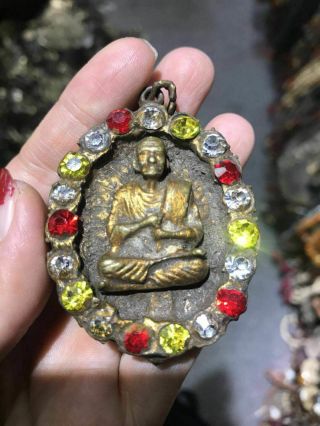 Old Tibetan Bronze Gild Gilt inlay Gem Natural Green Jade Buddha amulet Pendant 5