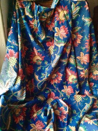Vintage French Fabric Blue Red Jacobean Style Curtain Panel 70 " X62 " Home Decor