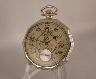 95 Years Old Elgin 15j 14k White Gold Filled Open Face Masonic Dial Pocket Watch