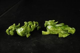 Chinese Natural green 100 Jade Dragon Pixiu Statue Pair very good c02 5