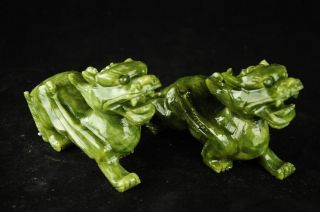 Chinese Natural green 100 Jade Dragon Pixiu Statue Pair very good c02 6