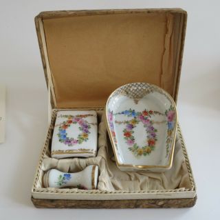 Anituqe German Porcelain Victorian Ladies Smoking Set Floral Ashtray Snuffer