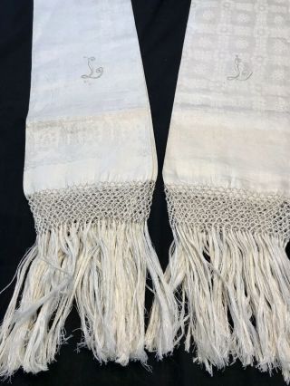 Vintage Italian Linen Damask Monogrammed “ L “ Fringed Towels,  Label