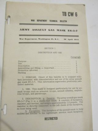 World War 2 Army Assault Gas Mask Instructions Vintage E6 - 3 - 7 Restricted