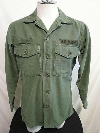 Vtg Vietnam Us Army Og - 107 Men’s Cotton Sateen Utility Shirt Patches 15.  5x33 / M