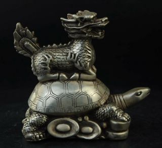 Chinese Old Copper Plating Silver Dragon Turtle Yuan Bao Wealth Sculpture D02