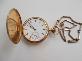 Antique Elgin 14k Solid Gold Pocket Watch 17 Jewels Hunting Case With Chain