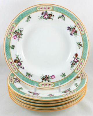 Antique Set 6 Rimmed Soup Bowls Royal Doulton China E8785 Aqua Blue Pink Flowers