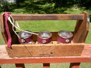 Vintage Wooden Tool Box Caddy Handmade With 3 Glass Votive Candle Holders