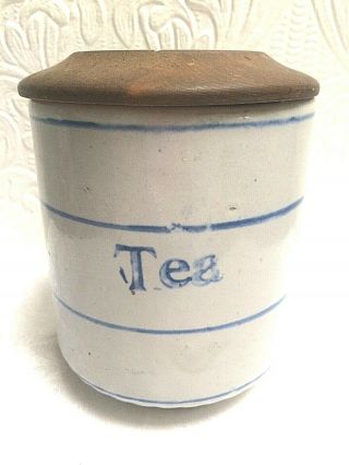 Antique Blue And White Stoneware Tea Canister Wood Lid