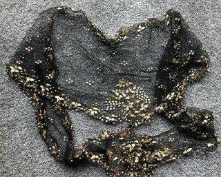 Unusual Antique Black Net Lace Wrap/scarf Floral Straw Embroidery